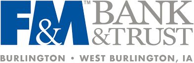 F&M Bank & Trust logo with text 'Burlington, West Burlington, IA'