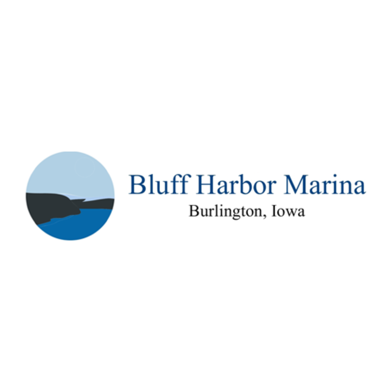 Logo for Bluff Harbor Marina in Burlington, Iowa, featuring a stylized illustration of a water body and shoreline.