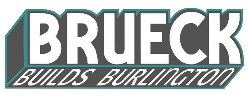 Brueck Builds Burlington logo with large white text and smaller black text underneath