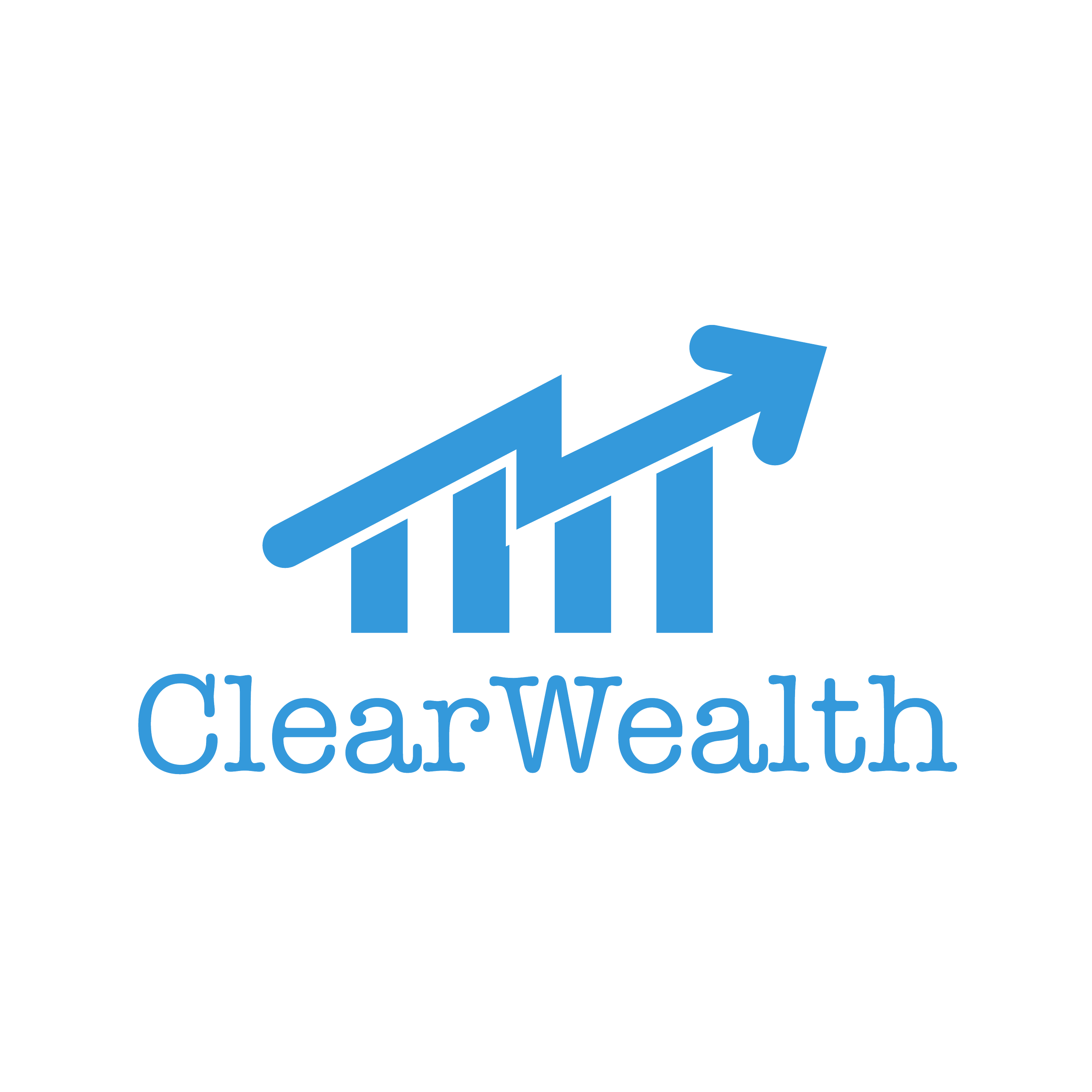 A blue upward trending arrow on a bar chart with the words "ClearWealth" below, representing growth or financial success.