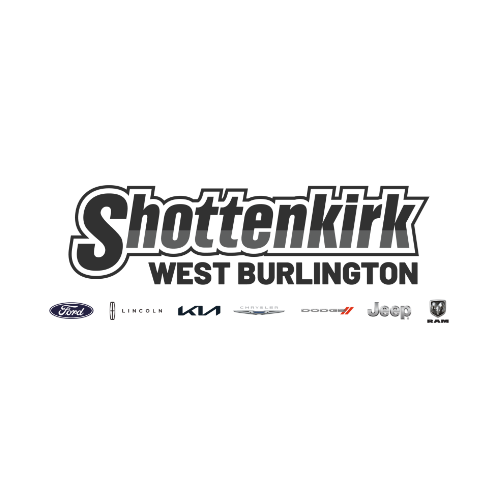 Logo of Shottenkirk West Burlington featuring various car brand logos including Ford, Lincoln, Kia, Chrysler, Dodge, Jeep, and Ram.