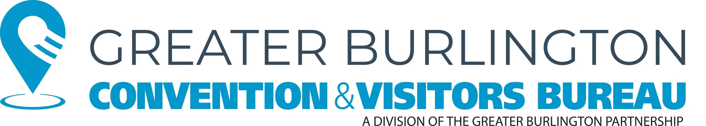 Logo of the Greater Burlington Convention and Visitors Bureau featuring a blue location pin with a stylized map marker and text in dark blue and light blue.