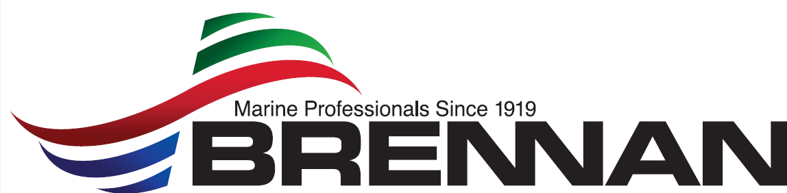 Logo for Brennan Marine Professionals, featuring a stylized wave design with red, green, white, and blue colors, and text indicating "Marine Professionals Since 1919".