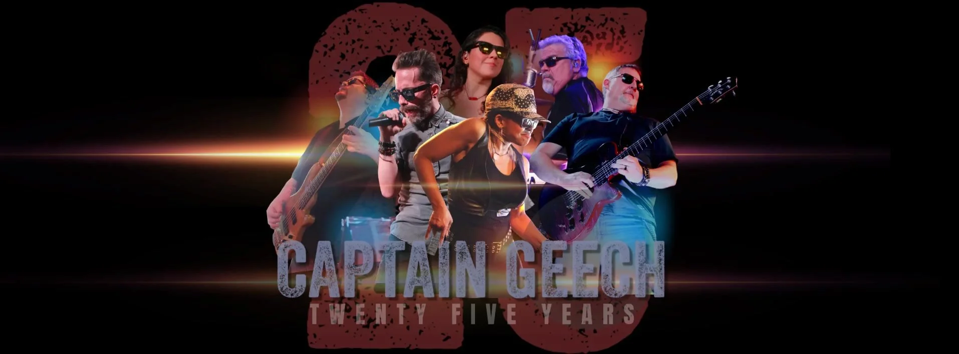 Group of six musicians with guitars and microphone performing on stage, with text 'Captain Geech Twenty Five Years'