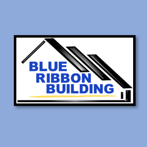 Logo for Blue Ribbon Building with a depiction of a house, construction tools, and bold blue text.