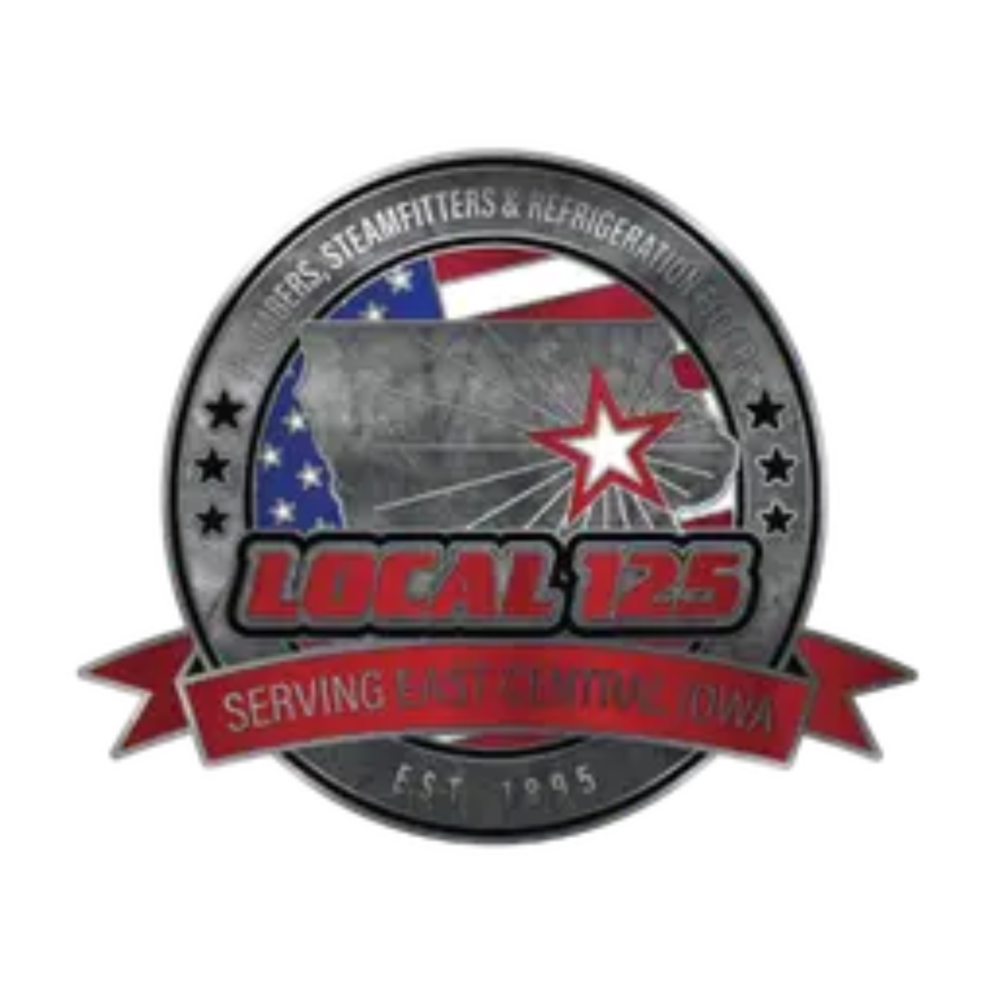 Logo for Local 125, a trade union serving East Iowa, with an American flag theme and a red star, featuring a circular design, a red ribbon with the text 'Serving East Iowa,' and the founding date 1935.