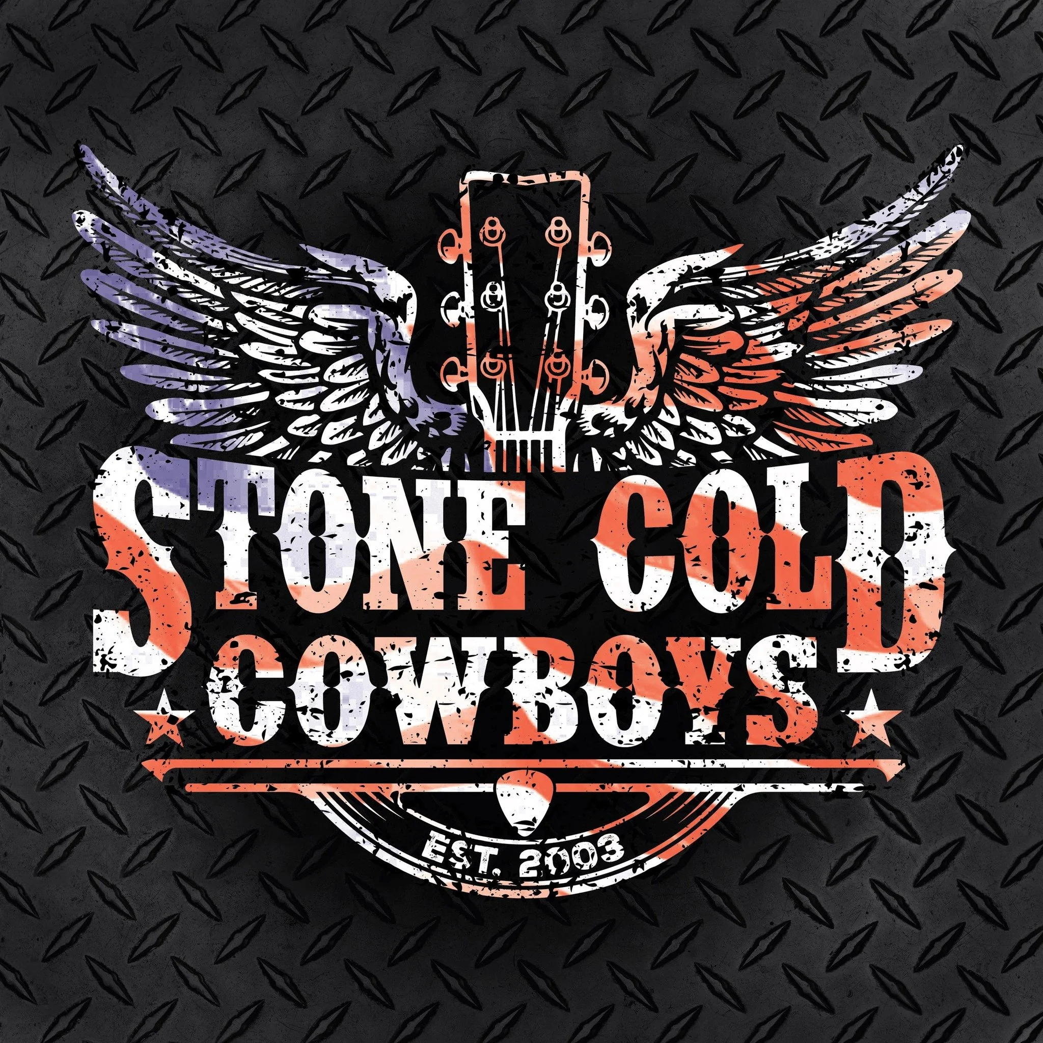 Design featuring a guitar headstock with wings and text that reads 'Stone Cold Cowboys', on a black textured background.
