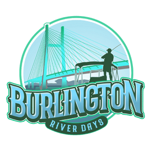 Illustration of a boat on a river with someone fishing from it, and a bridge in the background. The text reads 'Burlington River Days'.