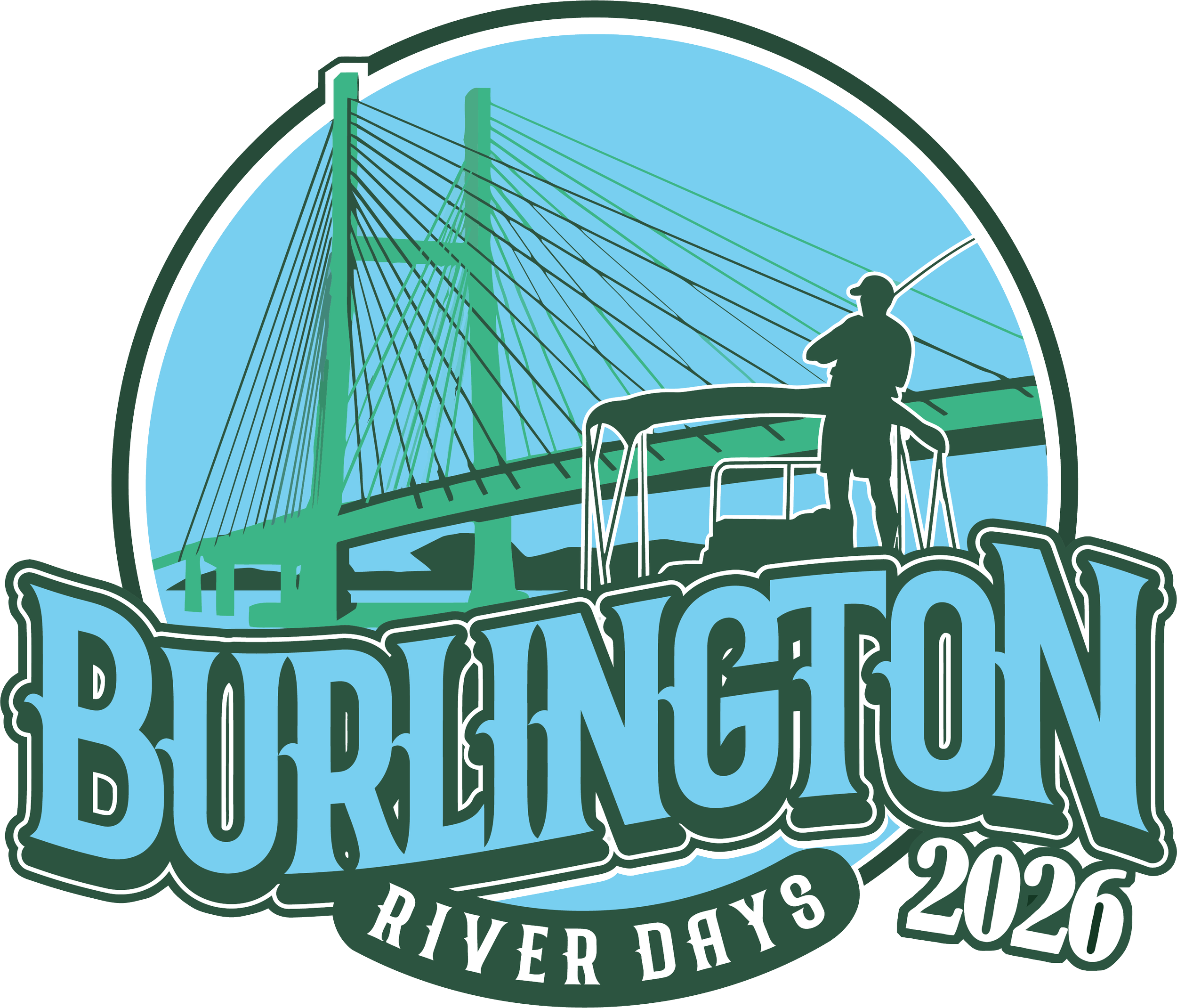 Graphic for Burlington River Days 2026 featuring a fisherman silhouette on a boat with a bridge in the background and bold text.