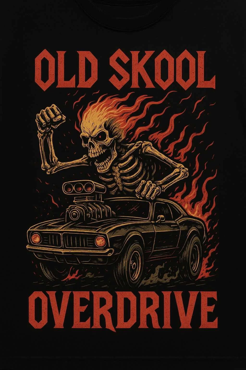 A dark graphic design featuring a flaming skeleton in a muscle car, with the words 'Old Skool Overdrive' in red, bold letters.