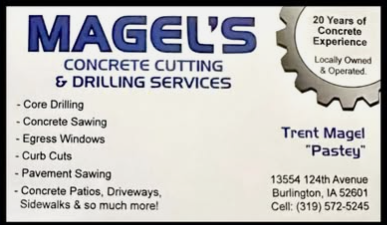 Business card for Magel's Concrete Cutting & Drilling Services, highlighting 20 years of experience. The card lists services such as core drilling, concrete sawing, egress windows, curb cuts, pavement sawing, and concrete patios.