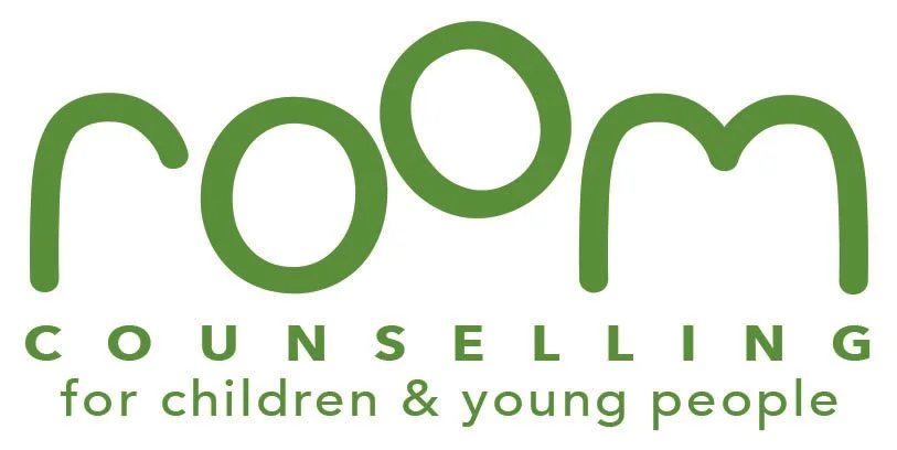 Logo with the word 'room' in large green lowercase letters, with 'COUNSELING for children & young people' written below in smaller green text.