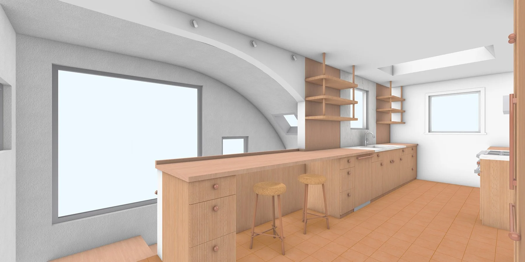 Temescal Kitchen / Landscape — Design study / rendering. Construction: Percho’s Construction. Architecture & imagery: Haddock Studio.