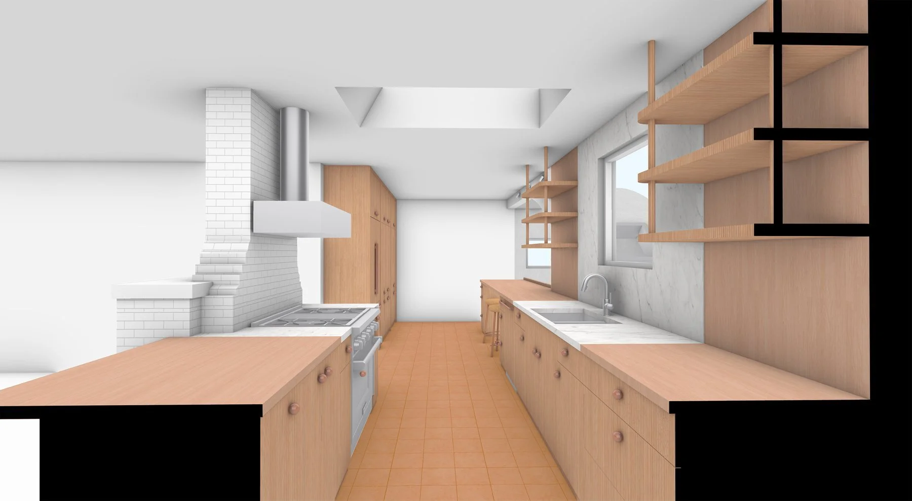 Temescal Kitchen / Landscape — Design study / rendering. Construction: Percho’s Construction. Architecture & imagery: Haddock Studio.