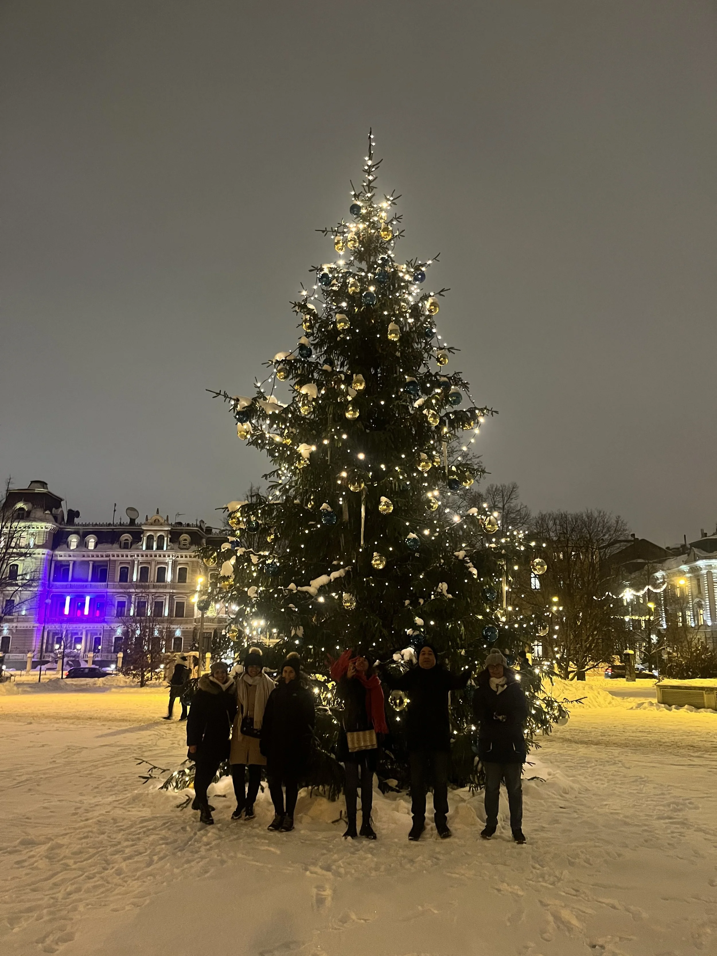 A group of six people standing in front of a decorated Christmas tree with lights and ornaments, outdoors in a snowy setting at night.