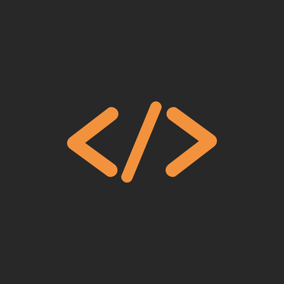 Coding or programming symbol with orange HTML brackets and slash on a black background.