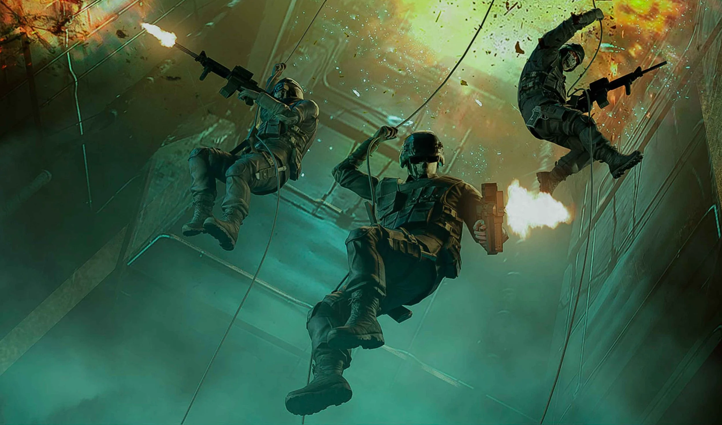 Three soldiers in tactical gear rappelling down a building with guns, during an intense firefight with explosions and fireballs in the background.