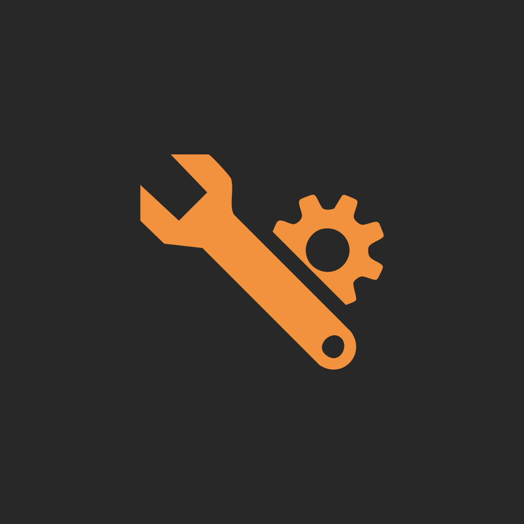 Icon of an orange wrench and gear on a black background, representing tools or settings.