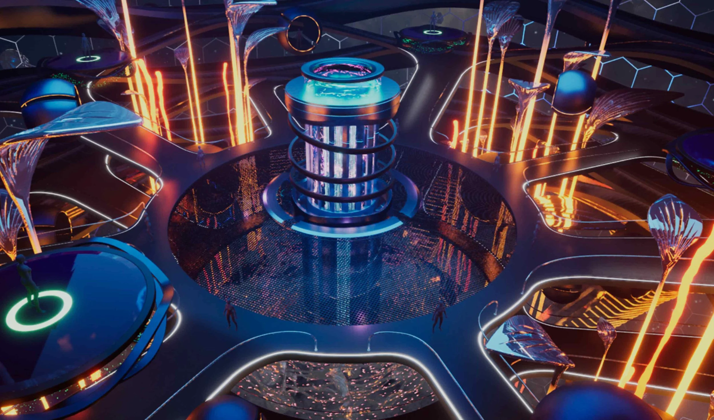A futuristic, neon-lit sci-fi environment with glowing orange lines, circular platforms, and holographic structures in a digital or space-like setting.