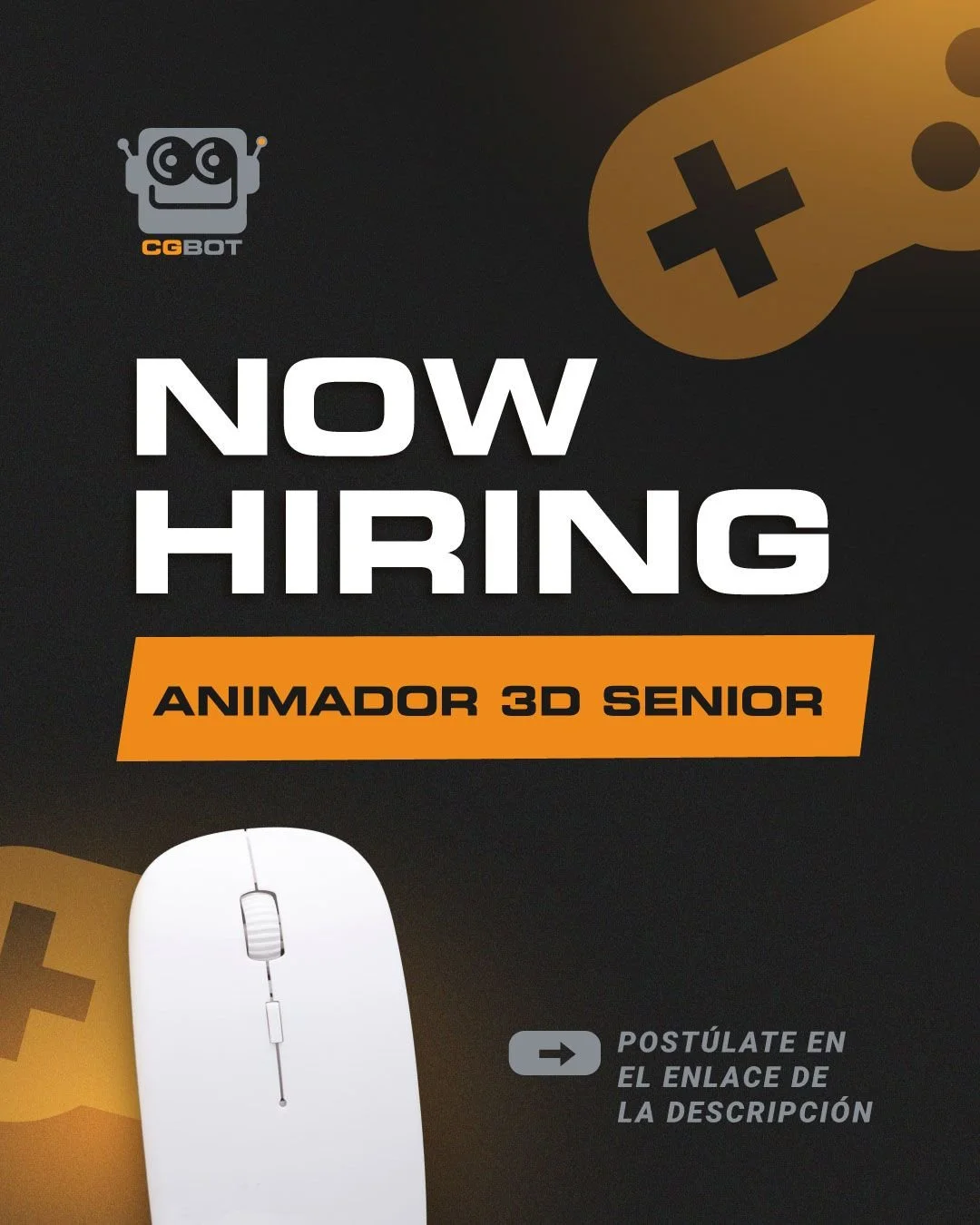 Hiring advertisement for 3D animator and senior animator with a computer mouse image and gaming controller icons in the background.