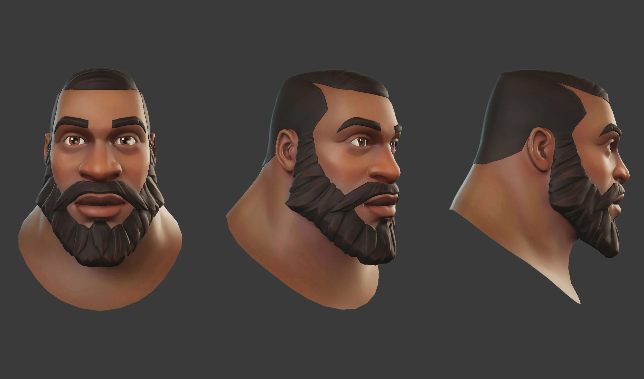 Three angles of a cartoon-style male character with dark skin, thick eyebrows, black hair, and a full beard, set against a dark background.