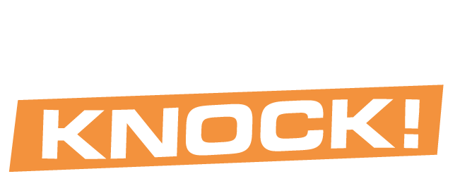 Text graphic with the words "KNOCK, KNOCK!" in bold, white and orange lettering on a black background.