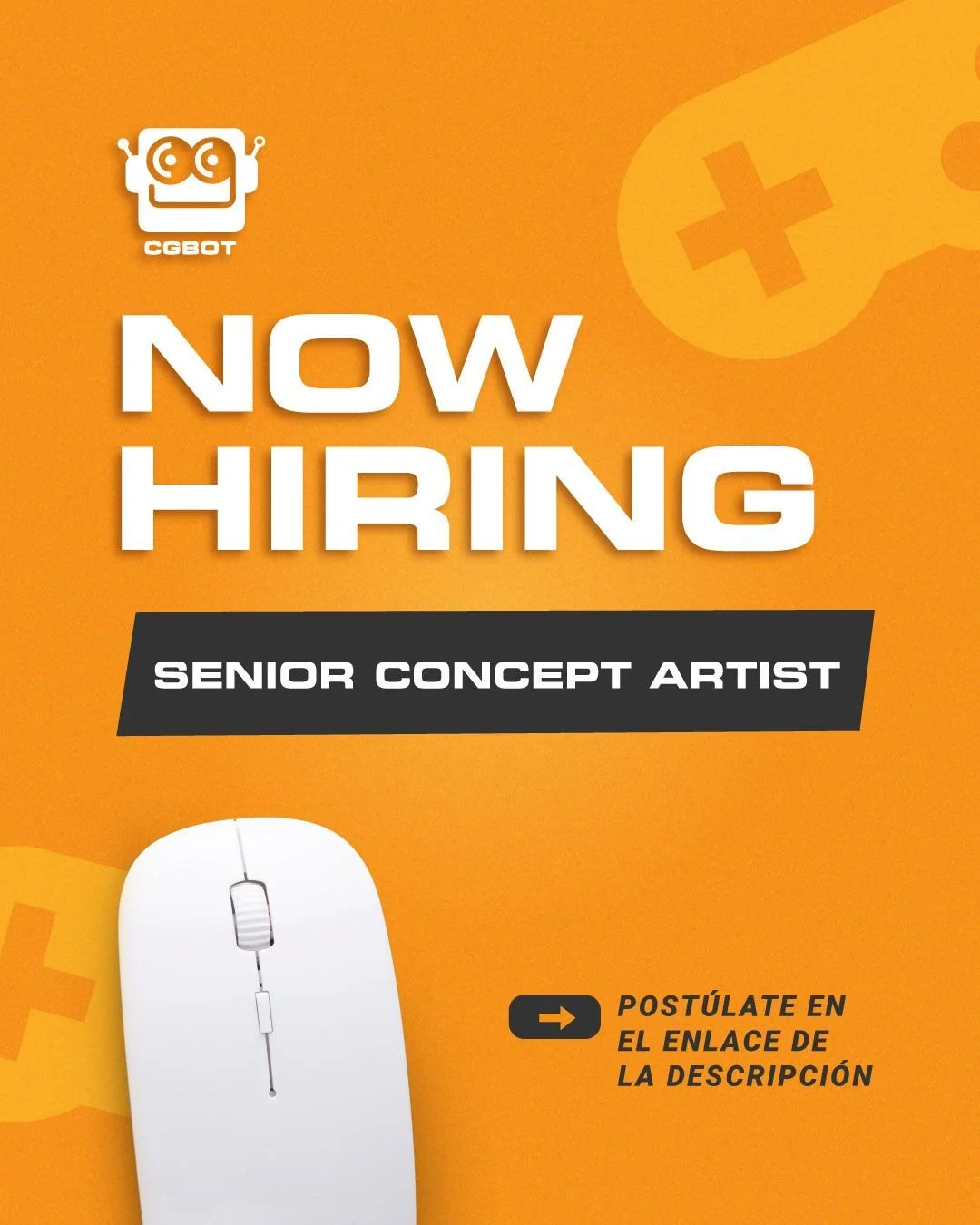 Announcement for hiring a senior concept artist with a graphic of a computer mouse and CGBOT logo on an orange background.