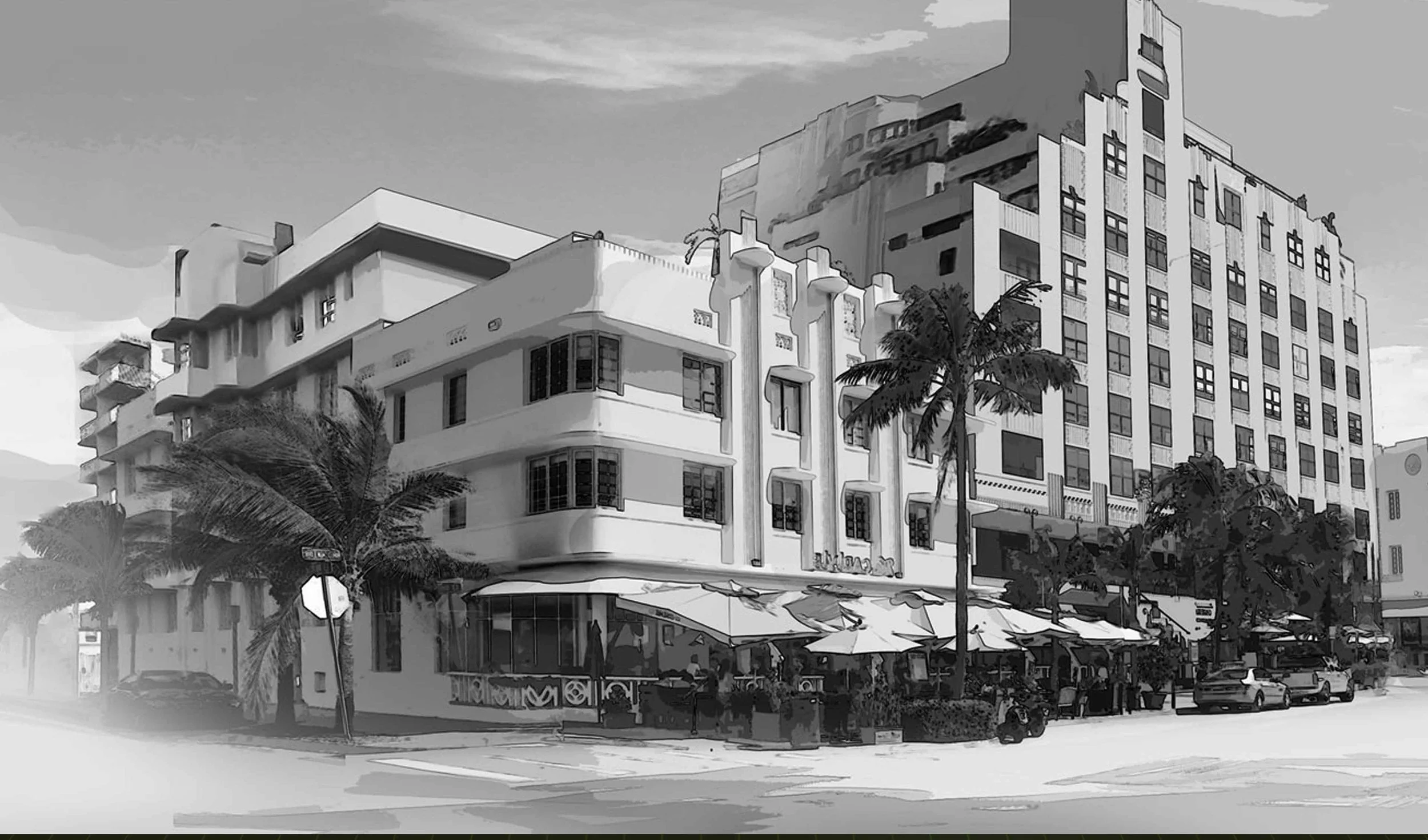 A grayscale illustration of a multipurpose building with various architectural styles, palm trees in front, and outdoor umbrellas and tables at the street level.