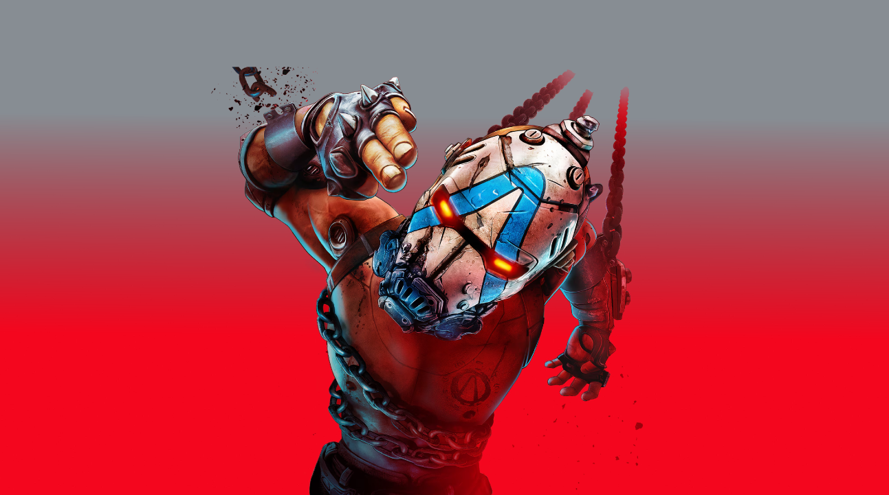 A futuristic robotic wolf with glowing red eyes, chained around its neck, pointing forward with its middle finger, against a red and gray gradient background.