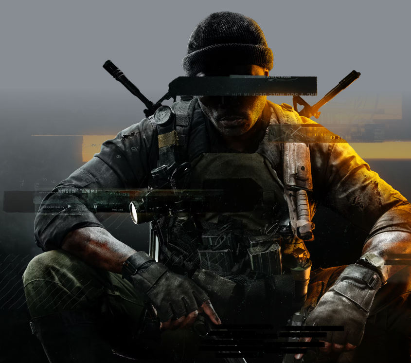 A soldier in military gear, including a cap and tactical vest, sitting with a gun across his back and holding a pistol, with a dark background and futuristic digital elements.