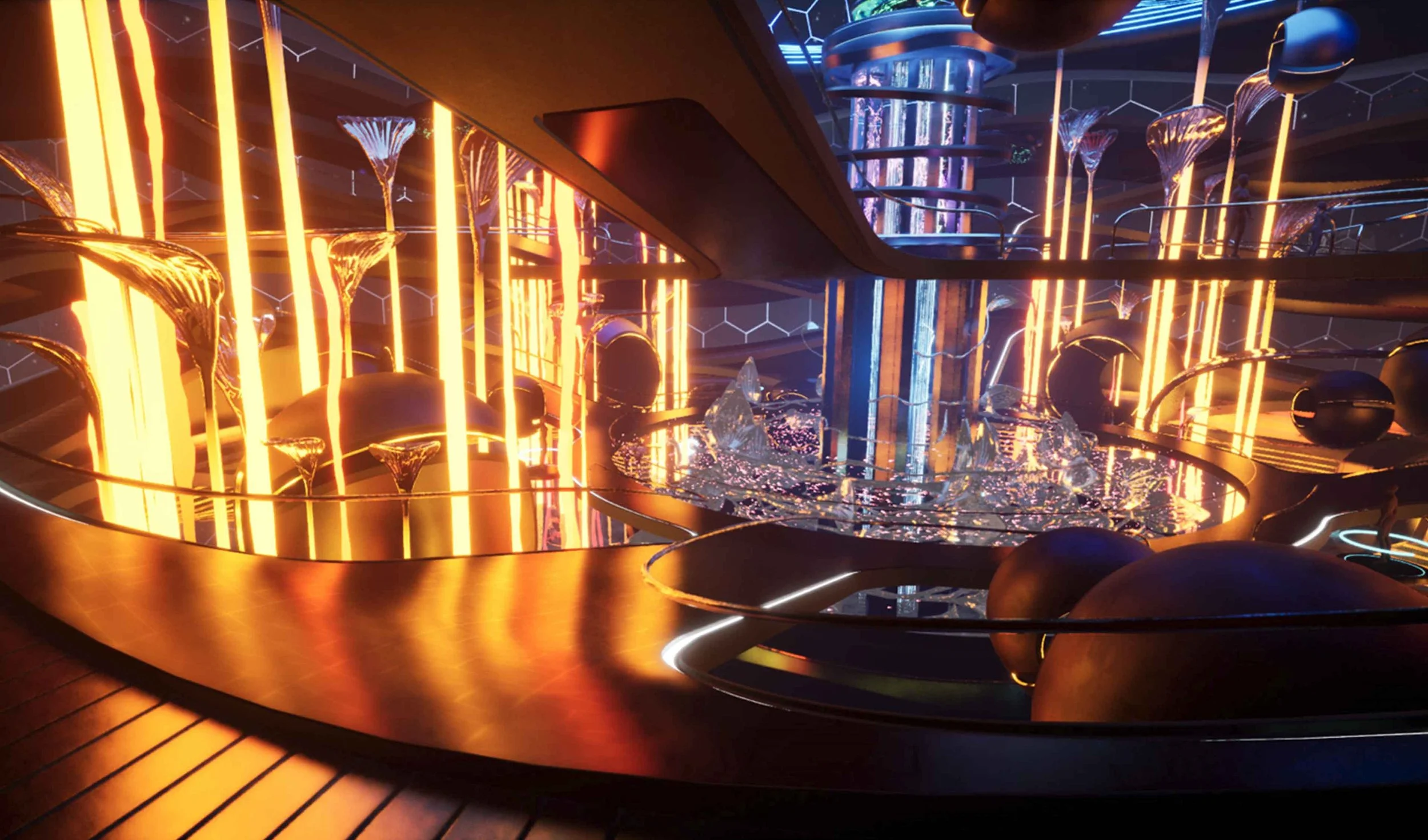 Futuristic interior space with glowing orange and blue lights, glass structures, and metallic surfaces, resembling a sci-fi setting or spaceship interior.
