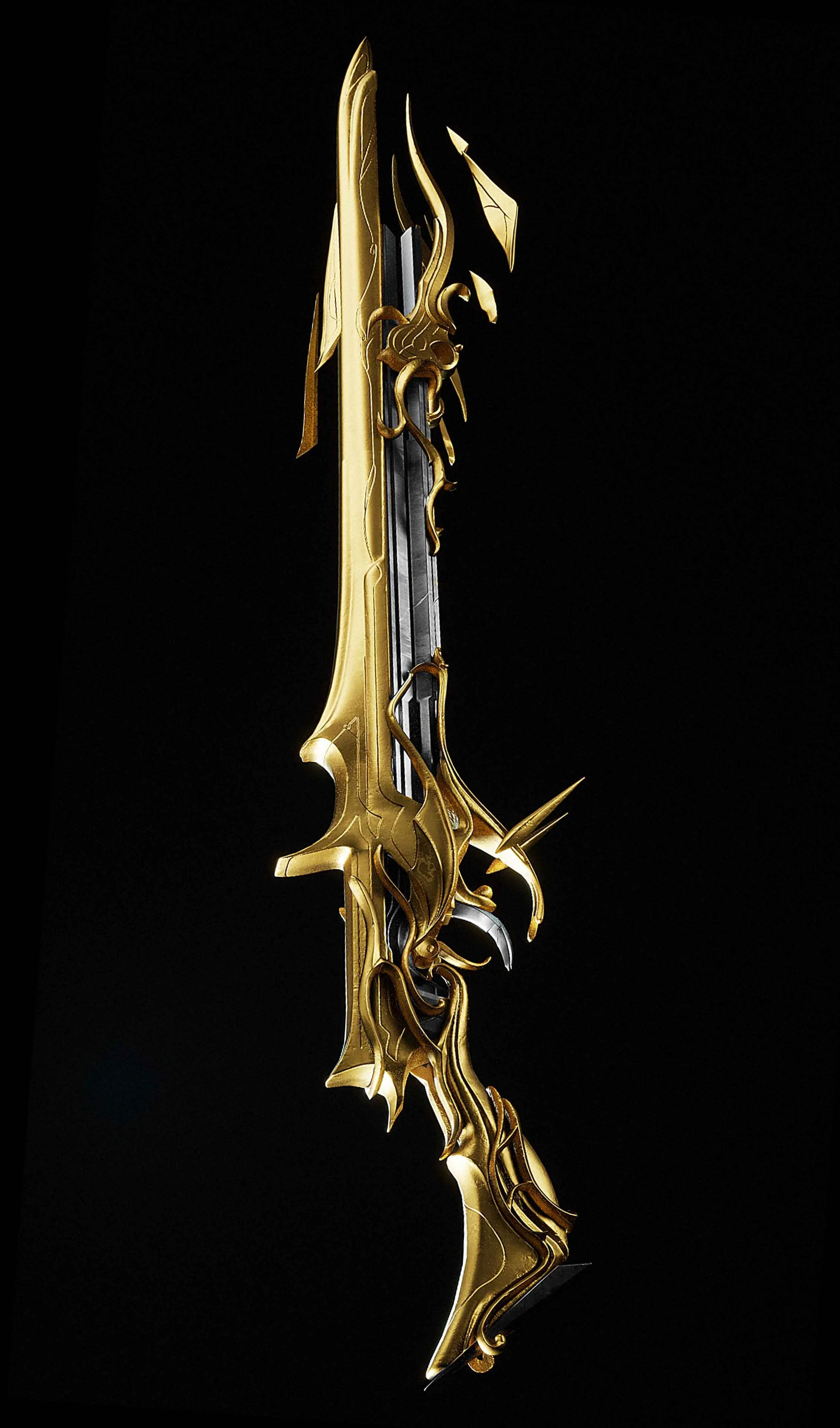 A detailed fantasy-style sword with a black blade and intricate gold embellishments against a black background.