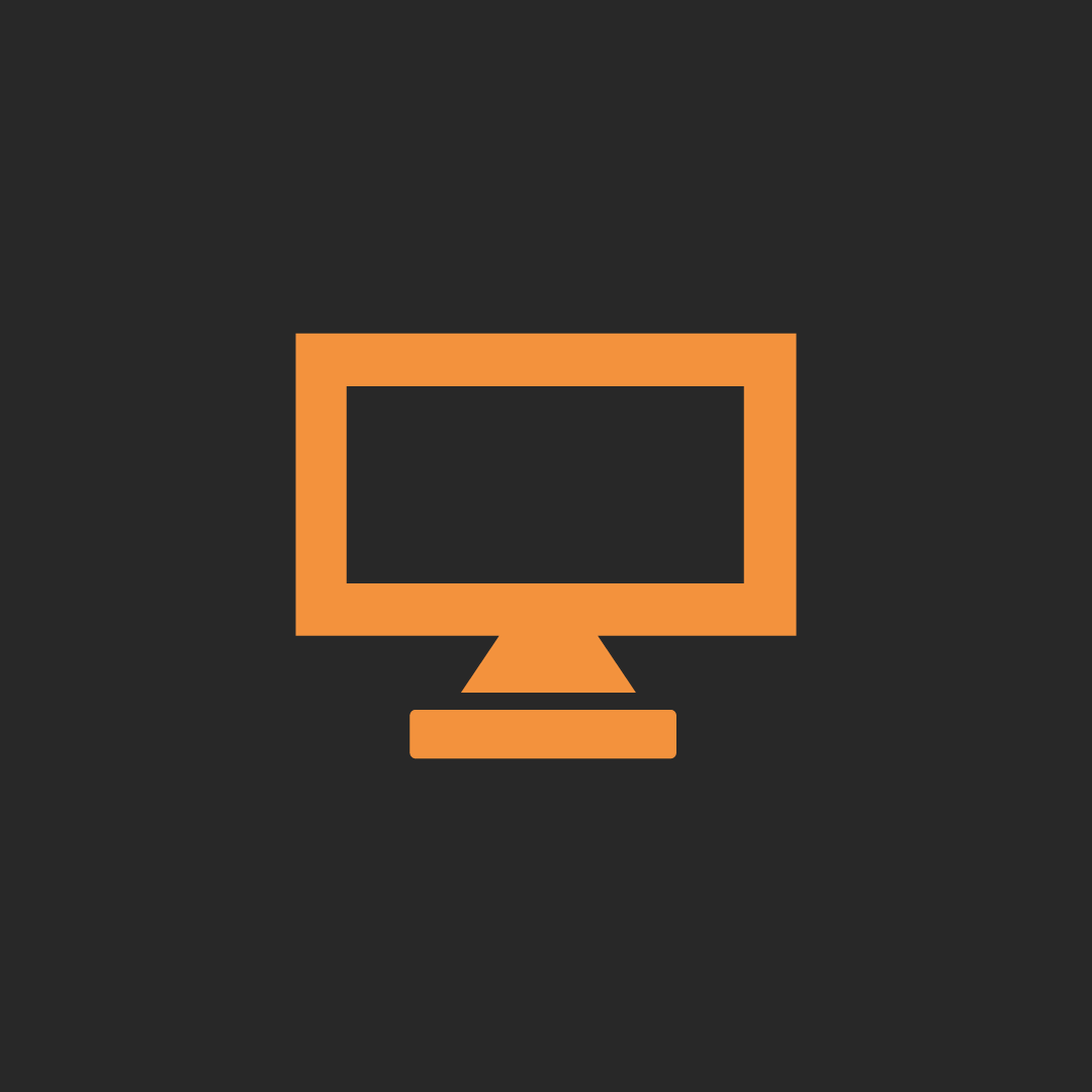 Icon of an orange computer monitor on a dark background.