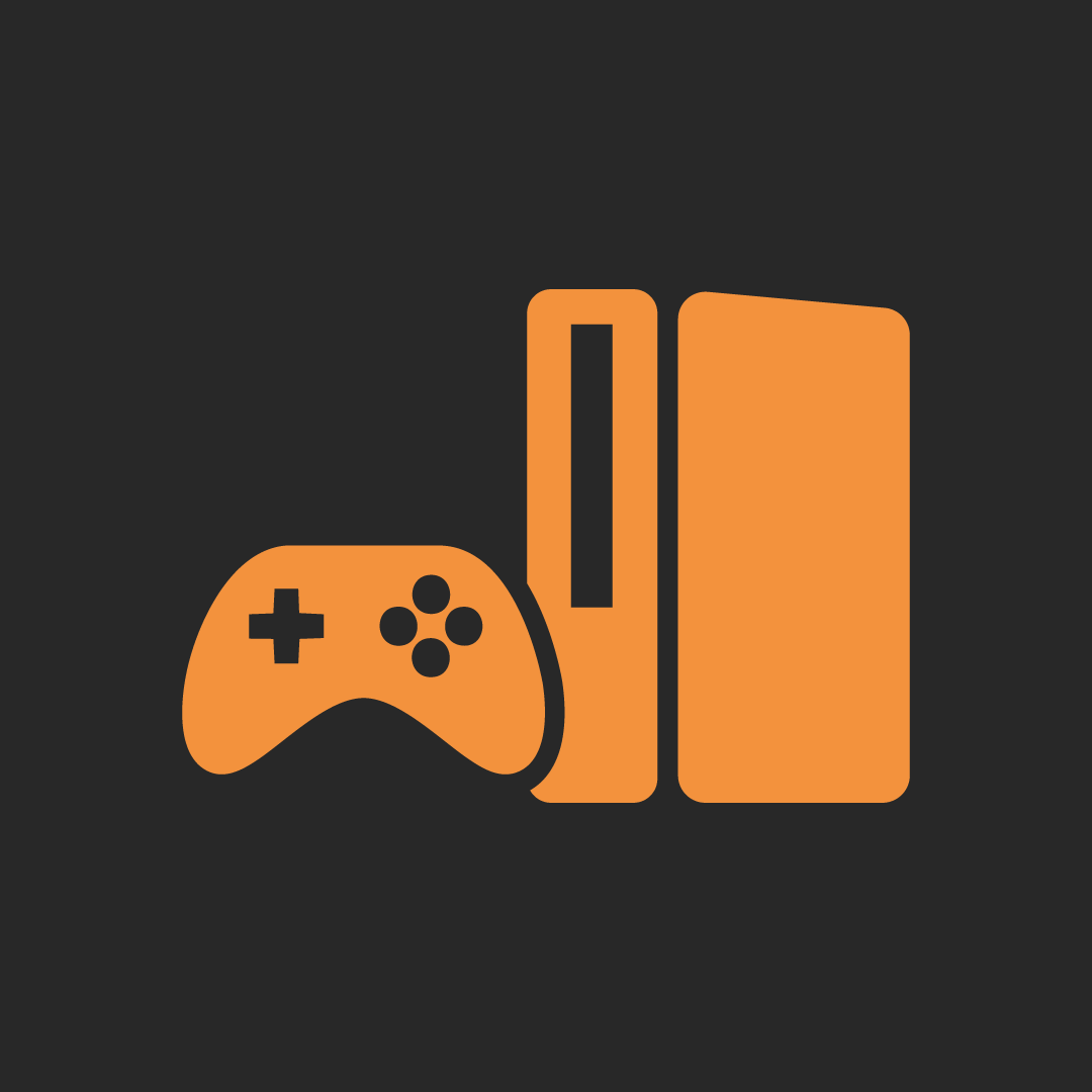 Graphic of an orange video game controller and a vertical orange gaming console on a black background.