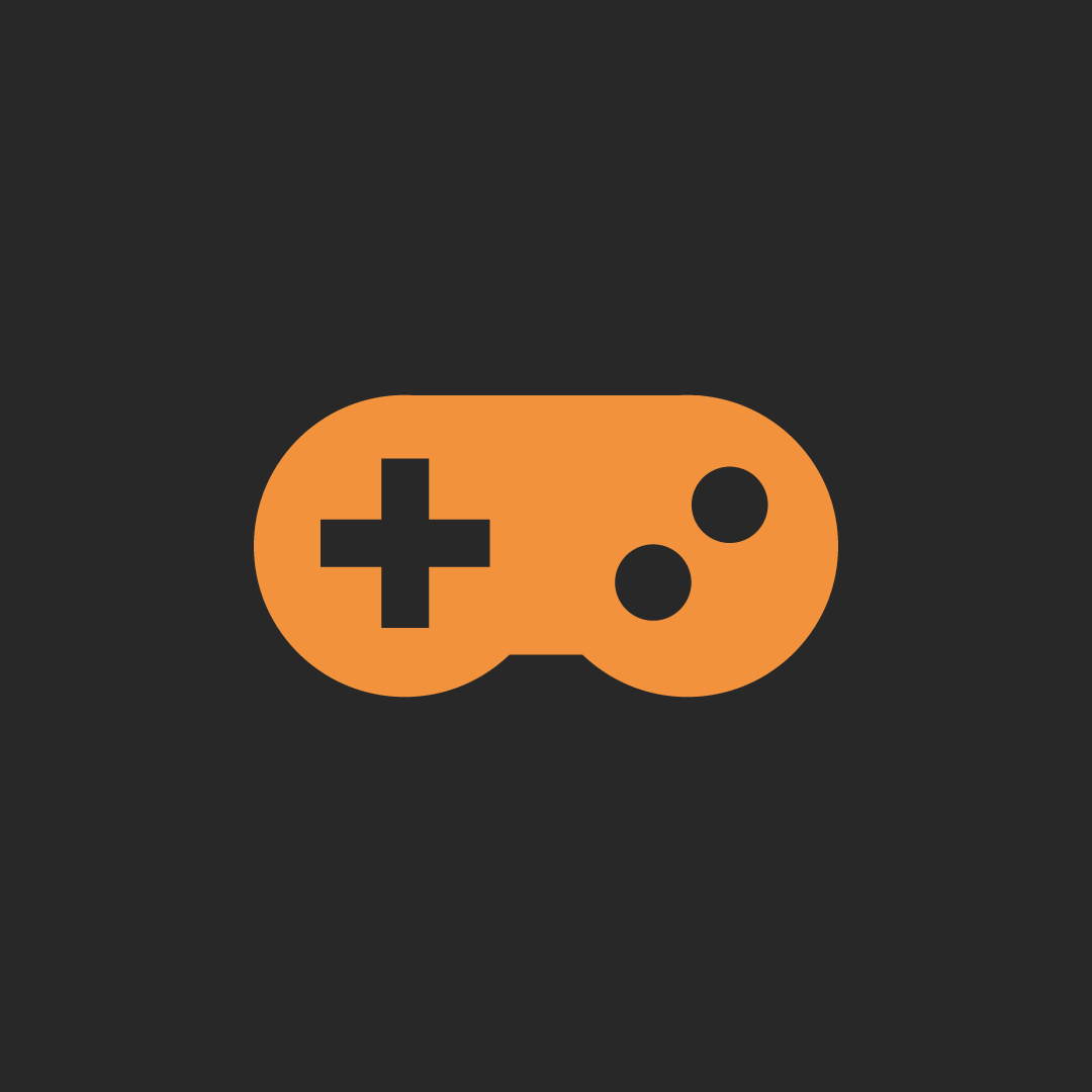 Icon of a video game controller with an orange body and black buttons on a dark background.