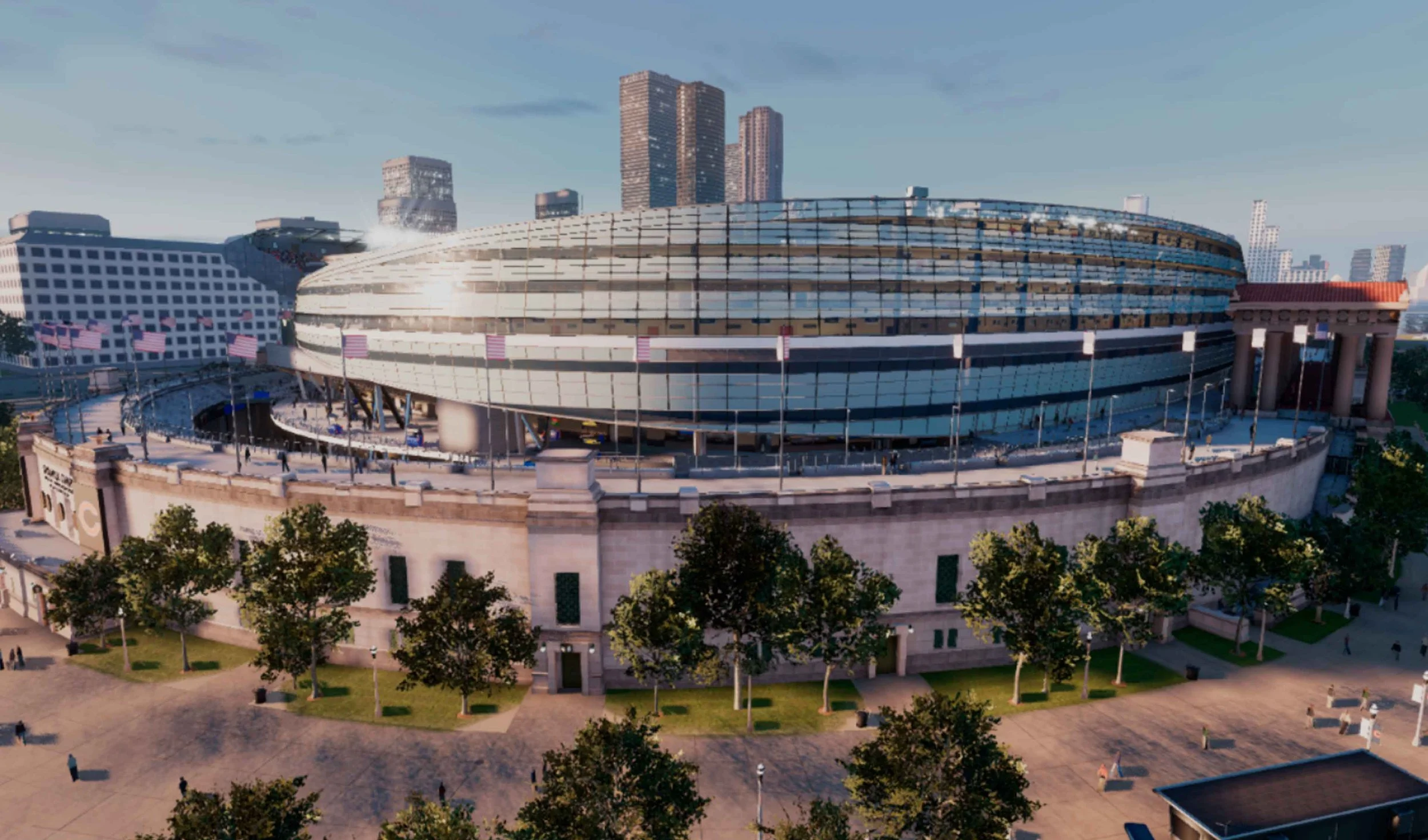 A modern, oval-shaped stadium with glass exterior, situated in an urban area with high-rise buildings in the background, surrounded by trees and a paved walk.