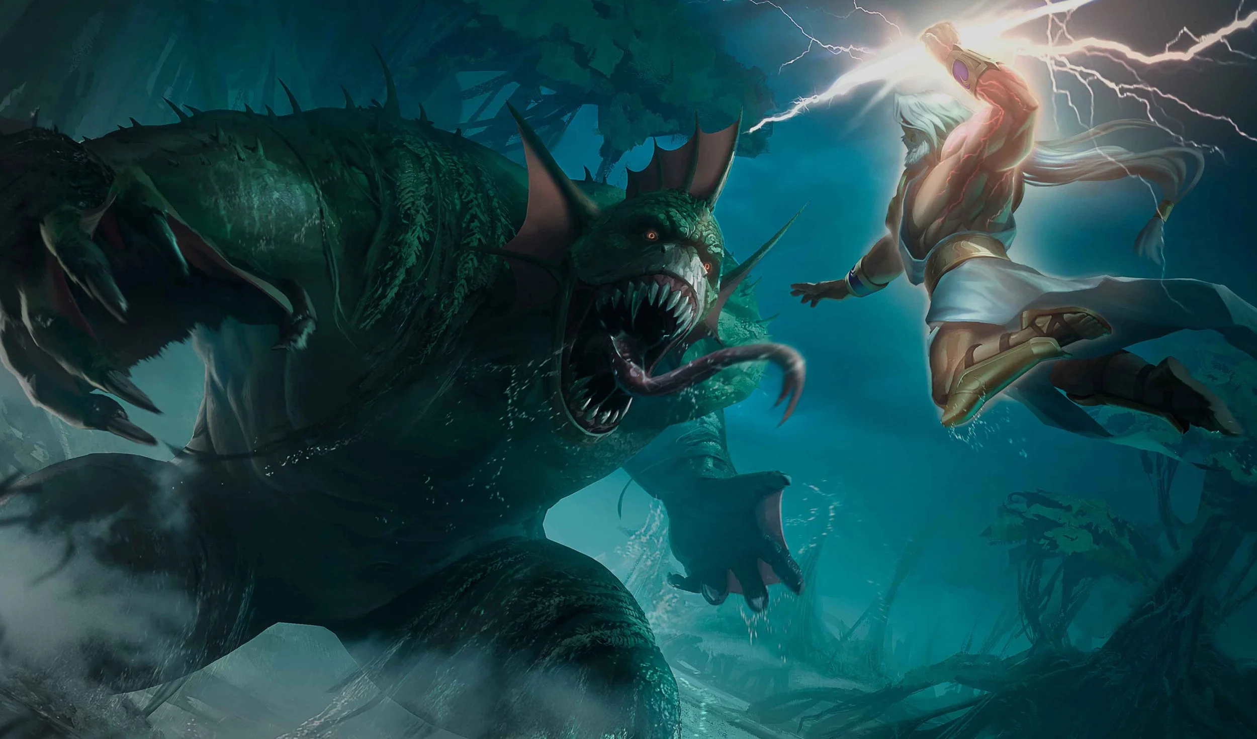 A fantasy scene of a muscular warrior with long white hair and a armor, battling a large armored sea monster with sharp teeth and glowing eyes in a stormy, lightning-lit ocean landscape.