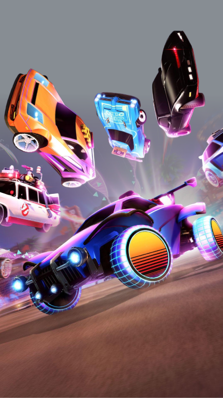 Colorful futuristic cars flying in the sky, including a car resembling the Ecto-1 vehicle from Ghostbusters and a hover bike with glowing wheels, in a sci-fi setting.