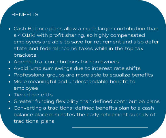 A digital presentation slide titled Benefits, listing advantages of cash balance plans over 401(k) plans, including higher contributions, tax benefits, and flexibility.