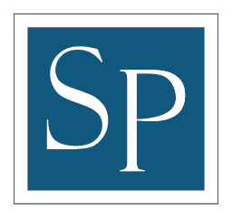 The image features a logo with a dark blue square containing the white initials 'SP' in a serif font.