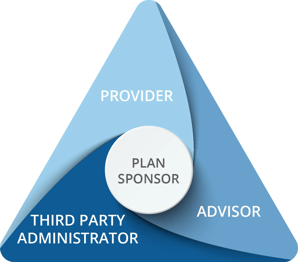 Triangle graph depicting three sections: “advisor,” “third party,” and “provider.” These three sections of the triangle surround a circular center that says “plan sponsor.”