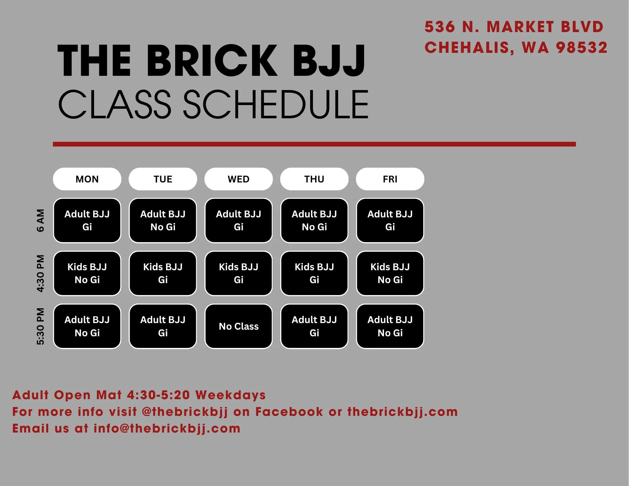 The Brick BJJ Class Schedule - Kids and Adult Jiu Jitsu Times in Chehalis