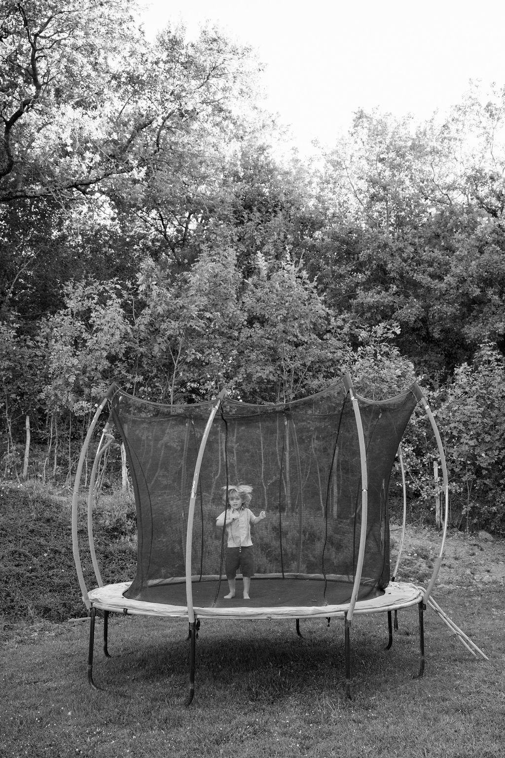 A child jumping on a trampoline outdoors, surrounded by trees.
