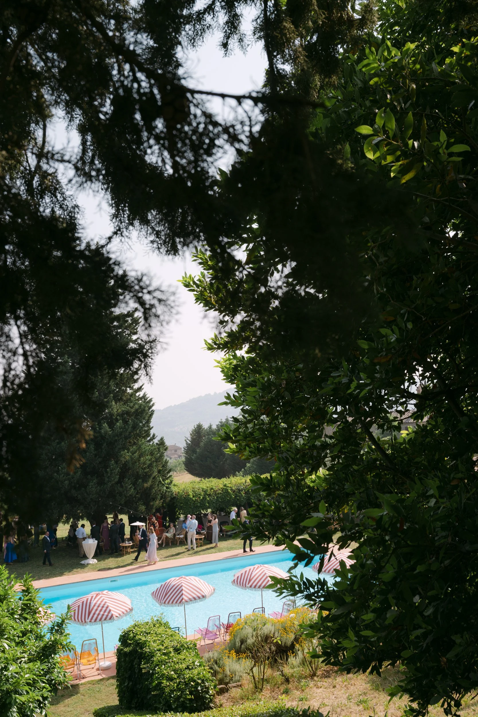 People at a social gathering around a swimming pool with striped umbrellas, surrounded by lush greenery and trees, with hills in the background.