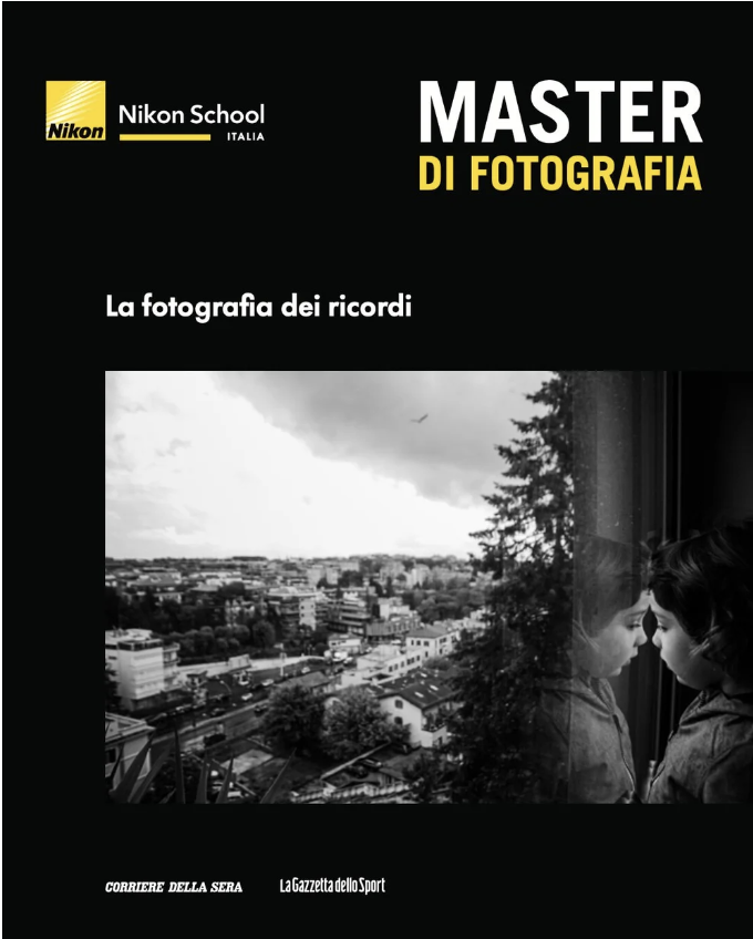 Cover of a Nikon School Italy photography book titled 'Master di Fotografia'. It features a black-and-white photo of a cityscape and a reflection of two children looking at each other.