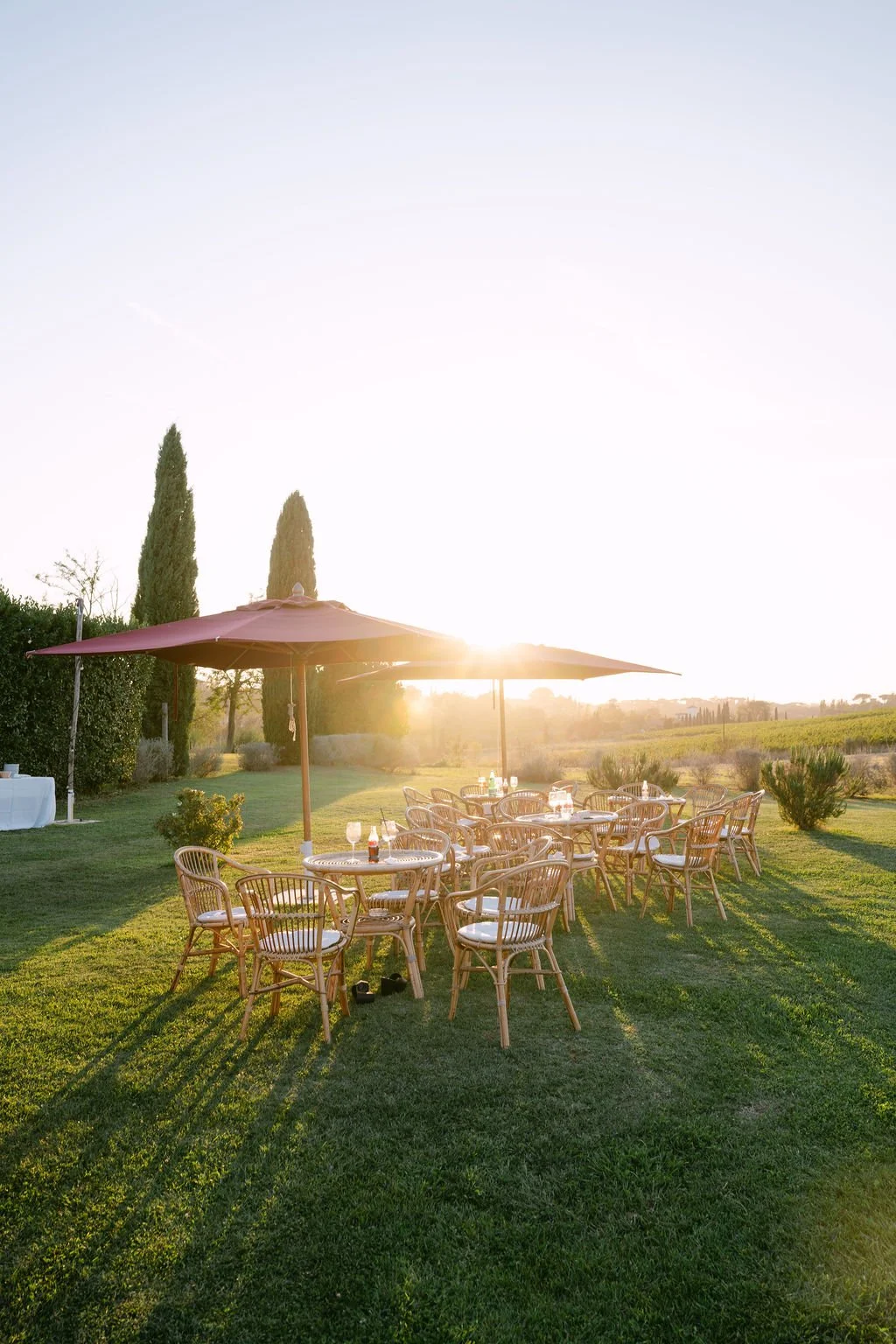 Outdoor dining area with tables and chairs under umbrellas at sunset in a grassy field with trees in the background.