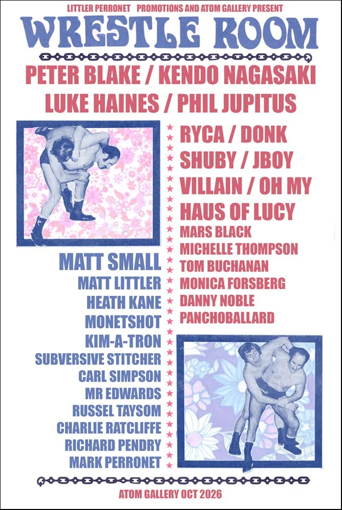 Wrestle Room exhibition poster for Atom Gallery, October 2026, presented with Littler Perronet Promotions. Blue and pink risograph-style design with two vintage wrestling photographs on floral backgrounds.