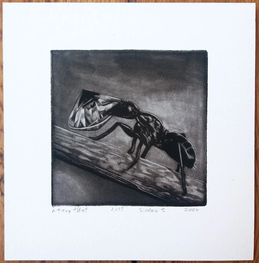 "A tiny thief" mezzotint print by Sjoerd Tegelaers