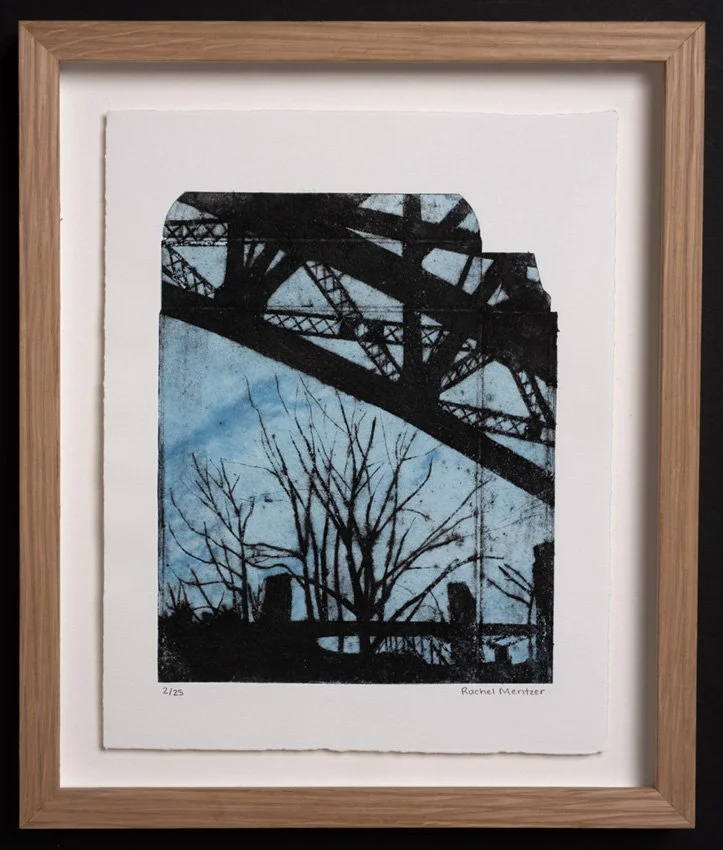 "Rooted Below" (Blue) limited edition framed collagraph print by Rachel Mentzer