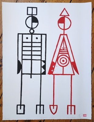 "Talented Couple (Black and Red)" limited edition woodcut print by John Pedder